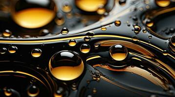 Elegant Fluid Oil Texture Black, Gold, Bubbles Generative AI photo