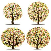 Set of four autumn trees with yellow, orange, brown and green leaves. Vector illustration