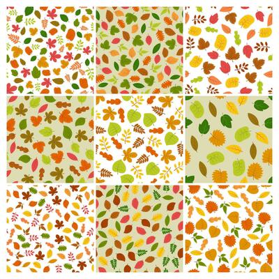 Seamless autumn leaves backgrounds. Set of nine patterns with colorful autumn leaves. Vector illustration