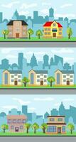 Set of three vector illustrations of city street with cartoon houses and trees. Summer urban landscape. Street view with cityscape on a background