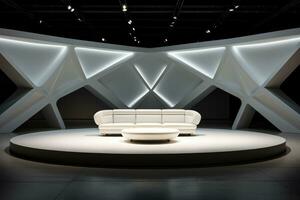 Stage with intersecting lines polygon shapes and white table in minimal urban style photo