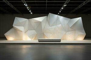 Stage with intersecting lines polygon shapes and white table in minimal urban style photo