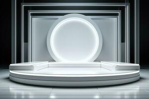 Futuristic geometric stage with white abstract light and advertisement shelf photo