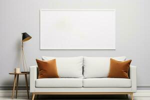 3D rendering of a mockup poster frame on a white sofa in a Scandinavian living room photo