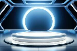 Futuristic geometric stage with white abstract light and advertisement shelf photo