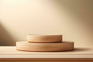 Beige nude background showcases 3D rendering of wooden product podium photo