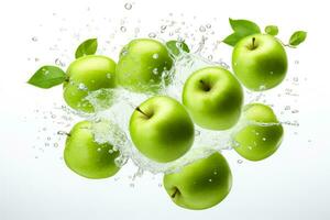 Levitating green apples with leaves isolated on white backgroundperfect for summer advertising and product design photo