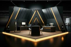 Luxury exhibition space with dark matte pedestal podium stand and light for showcasing branded products photo
