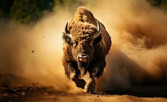 poderoso bisonte en movimiento agresivo corriendo generativo ai foto
