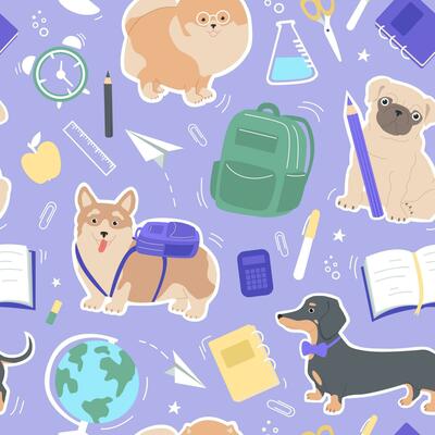 Seamless pattern of cute dogs and school elements - globe, paper clips, backpack, paper planes, pens, books, notebooks. Baby vector illustration.