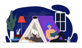 a guy and a girl are reading books at night in a room under a large book tent. cute colorful fantasy vector illustration in modern style. study until night with a smile. isolated by layers.