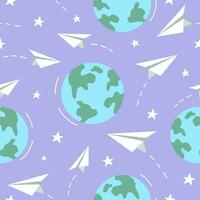 Seamless pattern of earth planets and paper planes. Simple vector illustration.