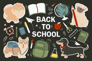 Cute little dogs go Back to school. Set of funny stickers illustration for kids. vector
