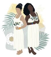 2 women of different ethnic groups get married on the beach against the backdrop of palm trees and flowers. support for gay marriage and lgbt communities. vector modern flat illustration.