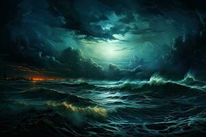 Stormy Night Seascape Rain and High Waves Generative AI photo