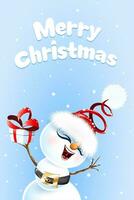 Cute Santa Claus snowman cute girl with gift box raised her hands up and enjoys the winter snowfall vector