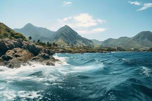 Ocean and Mountain Daylight Landscape Serene View Generative AI photo