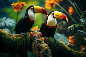 Colorful Toucans in Fresh Green Forest Generative AI photo