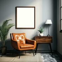 Elegant Vintage Living Room Interior Design with Vintage Armchairs, Wooden Commode, and MockUp Poster Frame  A Classic Retro Style Space with Home Accessories, Grey Wall Ample Copy Space Generative AI photo