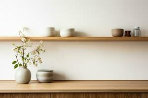 Minimal cozy counter mockup with bright wood top warm white wall and golden details elegant kitchen interior in Japan style photo