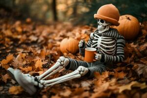 Skeleton drinks on leaves autumn. Generate Ai photo