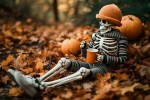 Skeleton drinks on leaves autumn. Generate Ai photo