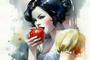 Snow-white princess apple watercolor. Generate Ai photo