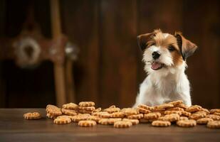 Puppy funny stand on table biscuits. Generate Ai photo