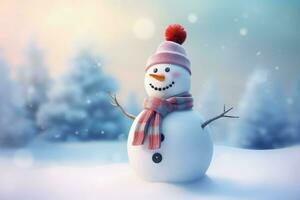 Snowman hat scarf in snow forest. Generate Ai photo