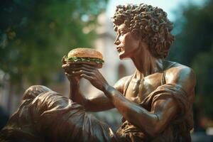 estatua sostener Fresco hamburguesa. generar ai foto