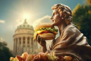 Statue hold burger. Generate Ai photo