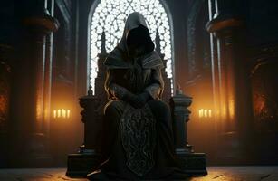 Assassin hooded throne costume. Generate Ai photo