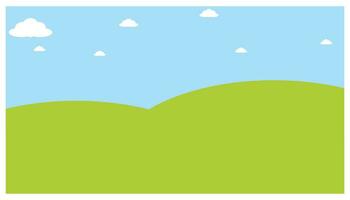 Blue sky background with hills and clouds. Vector illustration in flat cartoon style. The background is a bright blue sky with clouds floating over the hills