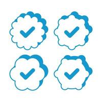 Flat line uncolored check mark icon over white background. verified blue check logo with cloud shield speech bubble with check mark icon. blue and white vector illustration.