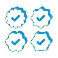 Flat line uncolored check mark icon over white background. verified blue check logo with cloud shield speech bubble with check mark icon. blue and white vector illustration.