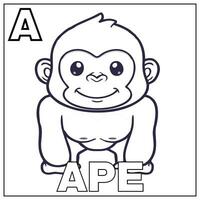 Coloring book for children. Alphabet a ape. Vector illustration. Children coloring page with a picture of a ape for animal recognition and the letter a