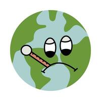 Planet earth with thermometer kawaii character icon vector illustration design. Planet earth is in a fever. Poster elements caring for the environment, global warming