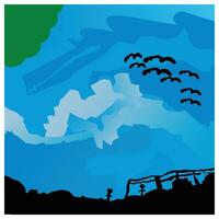 Grunge landscape with flying bats. Blue background with silhouettes of mountains and trees. Vector illustration.