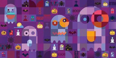 Halloween funny elements in mosaic punchy style vector illustration. Happy Halloween background.