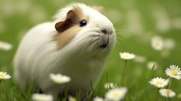 Cute guinea pig with small white flowers. AI generated photo