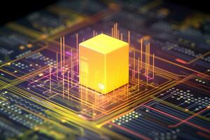 Data storage cube between neon pathways. Quantum computing, database, cloud computing concept. photo