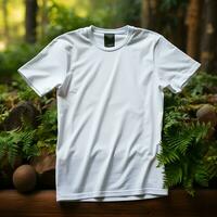 Nature Themed Plain White T Shirt Mockup with Forest Background, ai generated photo