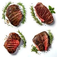 Juicy Beef Steaks Arrangement on White Background with Rosemary Garnish, ai generated photo