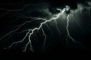 dinámica tormenta relámpago en oscuro fondo, ideal para superposiciones y plantillas, ai generado foto