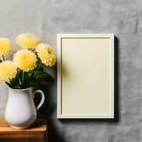 Plain White Portrait Poster Art Mockup on Gray Wall with Yellow Flower Decoration, ai generated photo