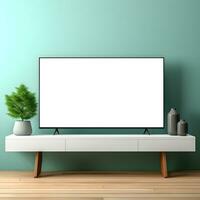 Mockup of White TV Screen on Rack with Home Decor, ai generated photo