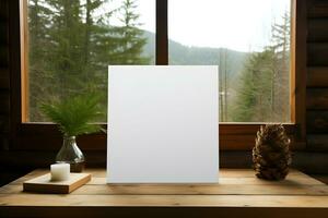 Minimalist Mockup White Portrait Paper on Wooden Table, ai generated photo