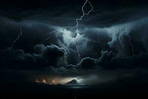 nocturno relámpago tormentas, dramático nubes terminado montañas y océanos, ai generado foto