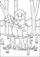 Coloring page with a beaver on a stump among fly agarics vector