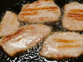 fried pork in the frying pan. photo